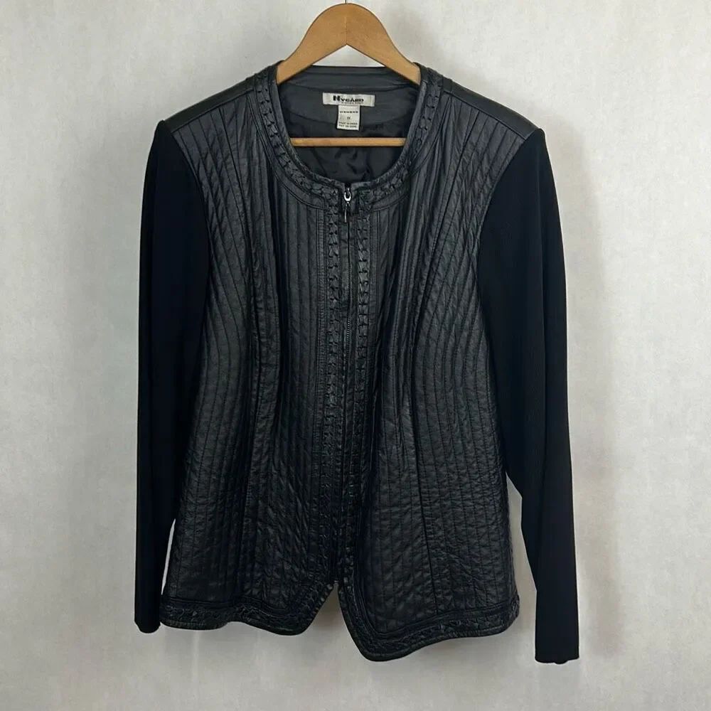 Vtg Peter Nygard Womens Leather & Knit Jacket Sz 1X Black Zip Front 90s